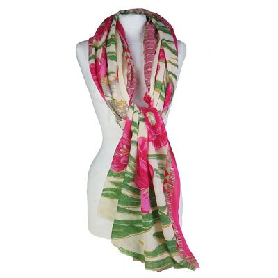 Stole or pareo with lotus flower, tall grass and heron pattern, green and pink