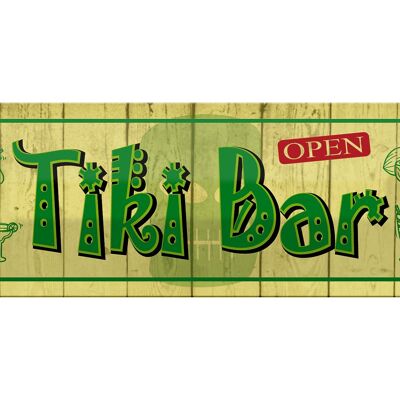 Cartel de chapa que dice 27x10cm Tiki Bar decoración abierta.