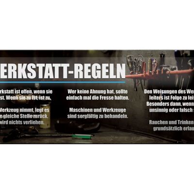 Letrero de chapa que dice reglas del taller de 27x10 cm abiertas cuando están abiertas