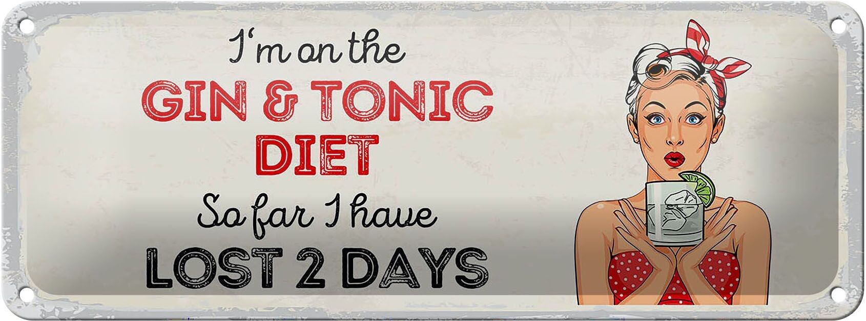 Targa in metallo con scritta "I'm on the Gin & Tonic Diet" rossa 27x10 cm