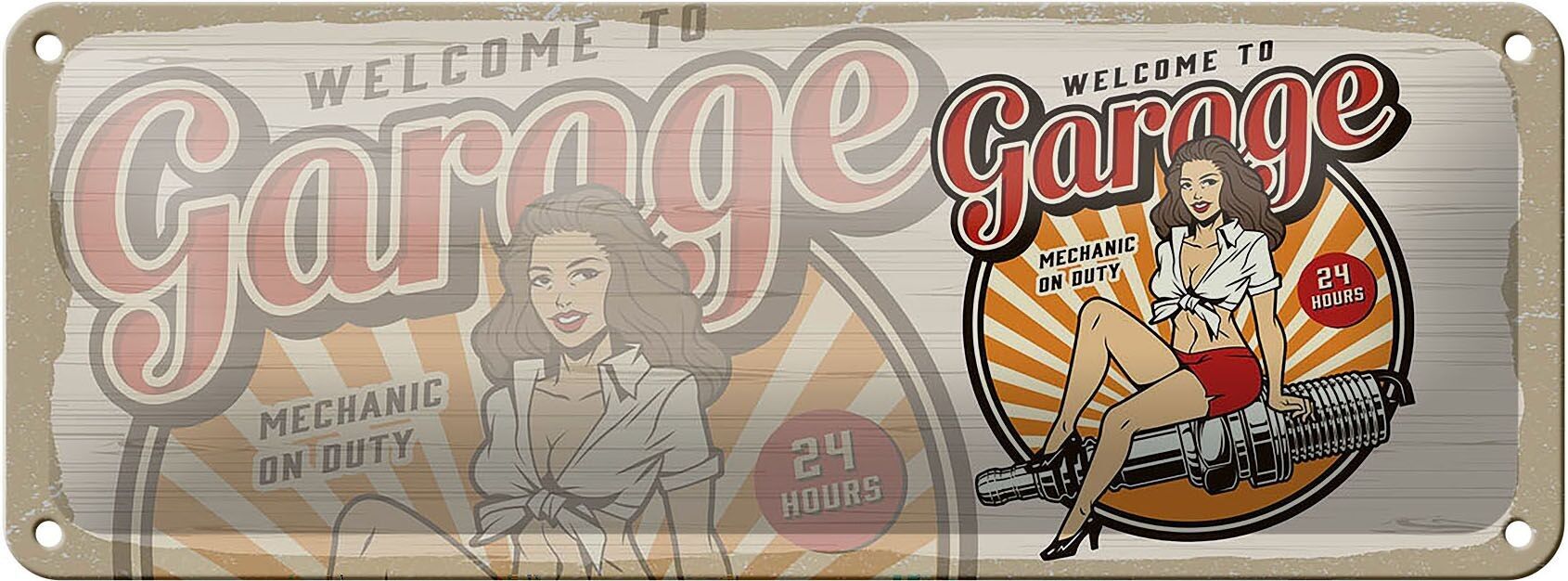 Blechschild Spruch Pinup Welcome to Garage Mechanic on 27x10cm