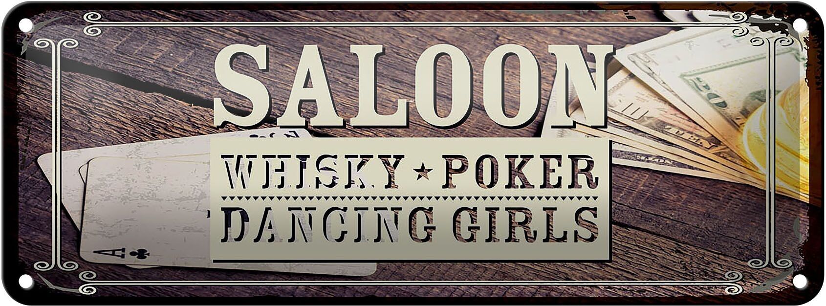Targa in metallo con scritta Saloon Whiskey Poker Dancing 27x10 cm decorazione