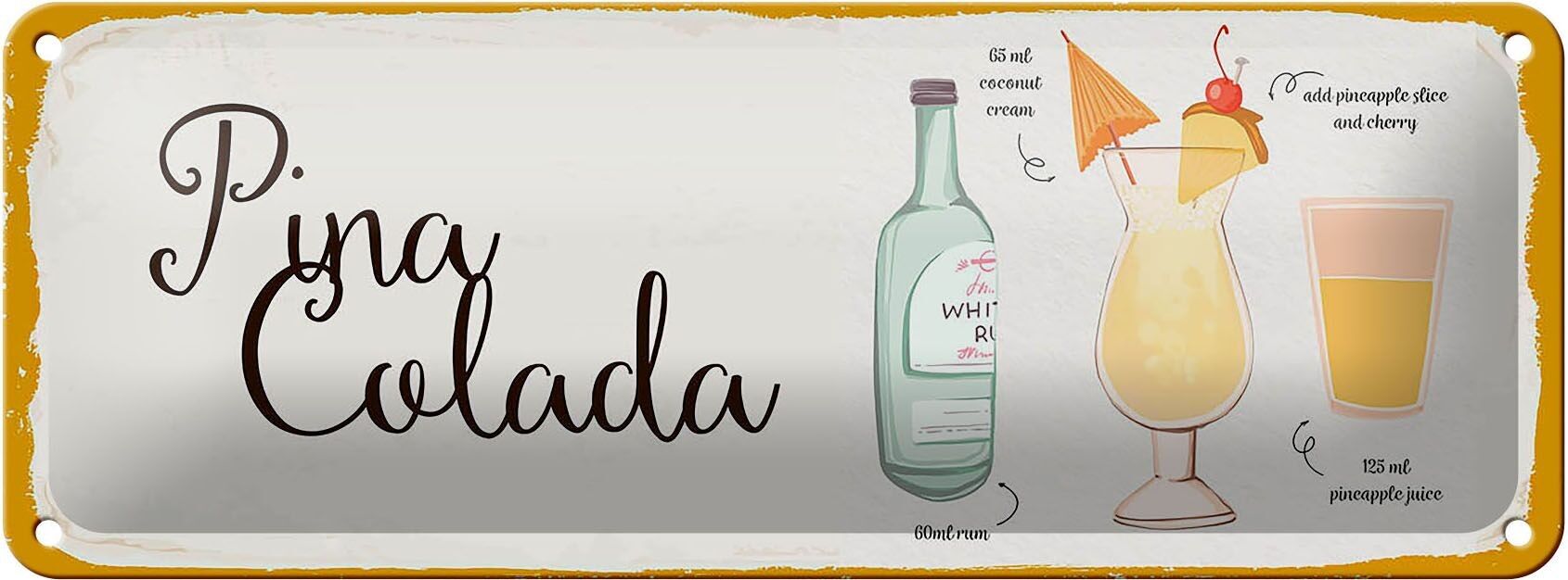 Cartel de chapa receta 27x10cm Receta de cóctel de piña colada cartel blanco
