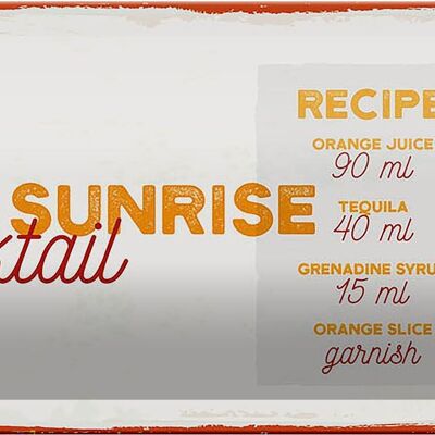 Plaque en tôle recette Tequila Sunrise Cocktail Recipe 27x10cm