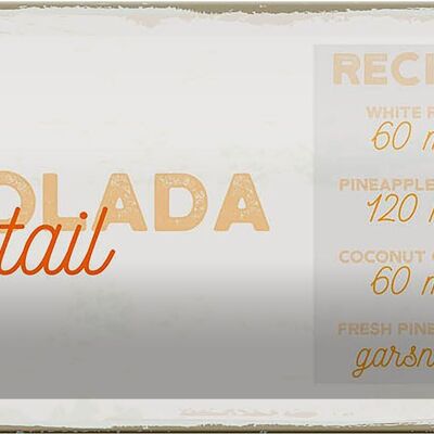 Signe en étain recette Pina Colada recette de Cocktail 27x10cm décoration
