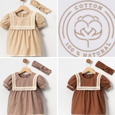 A Pack of Four Sizes Natural Cotton Sporty Dress & Headband 3-18M