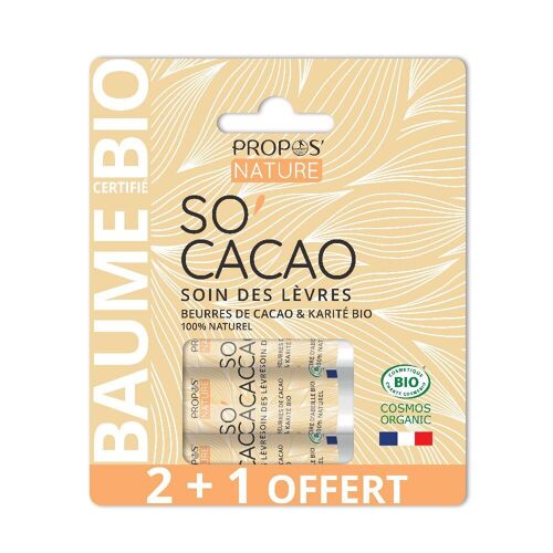 LOT DE 3 STICKS A LEVRES SO'CACAO BIO - AU BEURRE DE KARITE ET DE CACAO - 3x3,7G