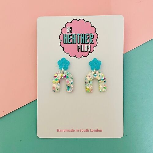 Blue Iridescent Sprinkle Sparkle Small Arch Earrings
