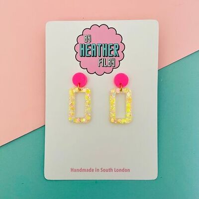 Yellow, Neon Pink Retro Rectangle Glitter Earrings