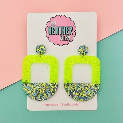 Neon Green and Blue Geometric Glitter Earrings