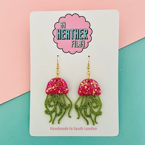 Green and Pink Shimmery Jellyfish Glitter Earrings