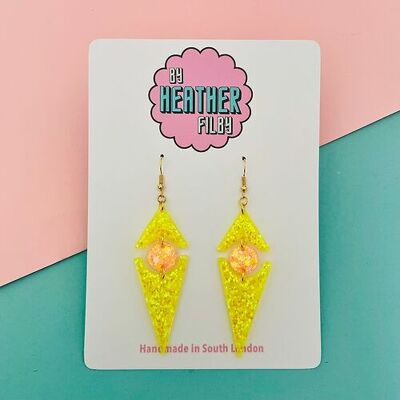 Neon Yellow and Orange Geometric Glitter Earrings