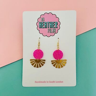 Pendientes Mini Círculo y Abanico Rosa Neón