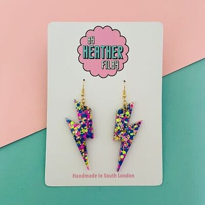 Large Blue, Pink and Yellow Lightning Bolt Earrings