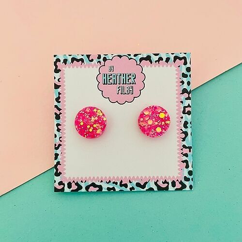 Shimmering Pink Circle Glitter Stud Earrings
