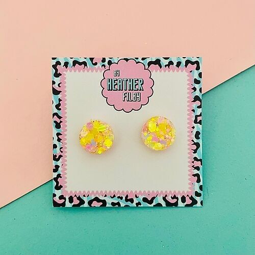 Pastel Yellow and Pink Circle Glitter Stud Earrings