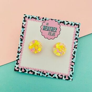 Boucles d'oreilles à tige pailletées en cercle jaune pastel et rose 2