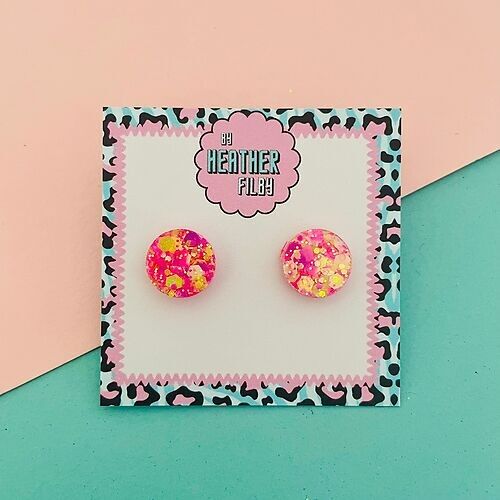 Pink and Yellow Circle Glitter Stud Earrings