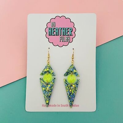 Neon Blue and Green Geometric Glitter Earrings