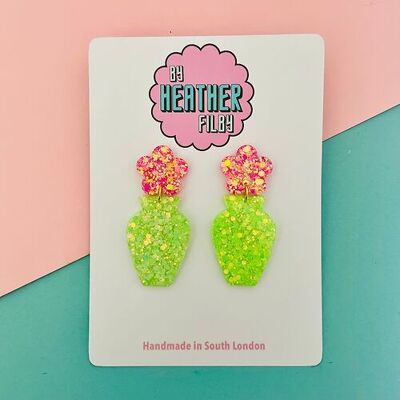 Pink and Green Retro Flower Vase Glitter Earrings
