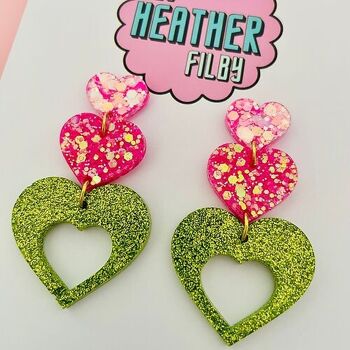 Boucles d'oreilles à paillettes triple cœur rose et vert 2