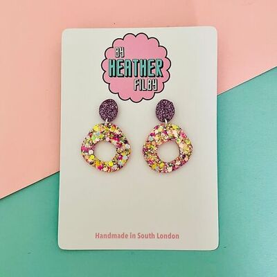 Yellow, Pink and Purple Circle Glitter Earrings