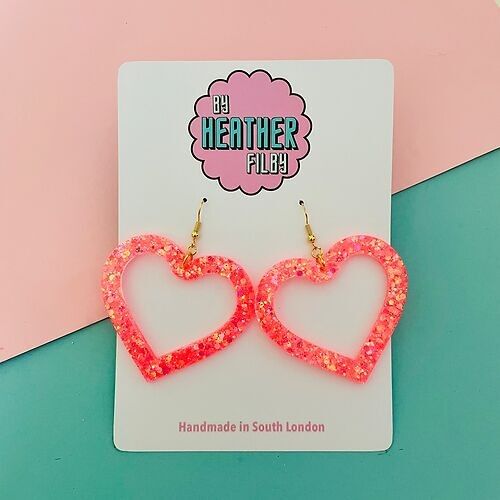 Large Coral Sparkly Heart Earrings