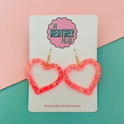 Large Coral Sparkly Heart Earrings