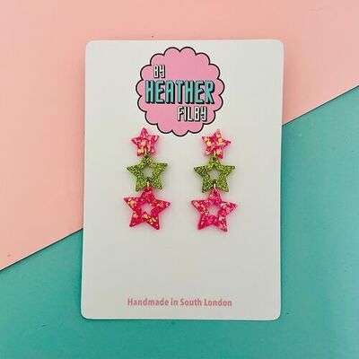 Pink and Green Glitter Triple Star Earrings