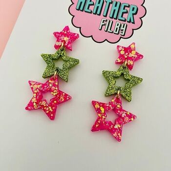 Boucles d'oreilles triple étoile à paillettes roses et vertes 2