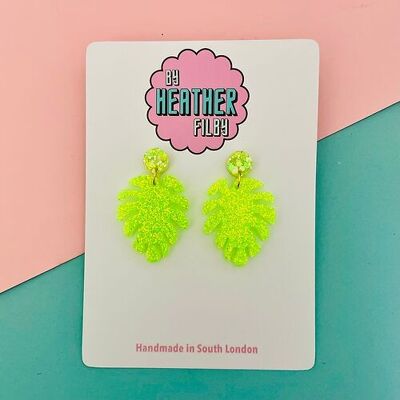 Neon Green Cheese Leaf Glitter Earrings