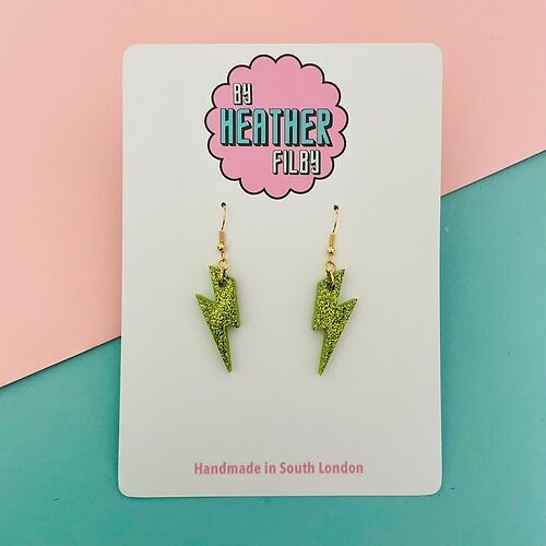 Mini Shimmering Green Glitter Lightning Bolt Earrings