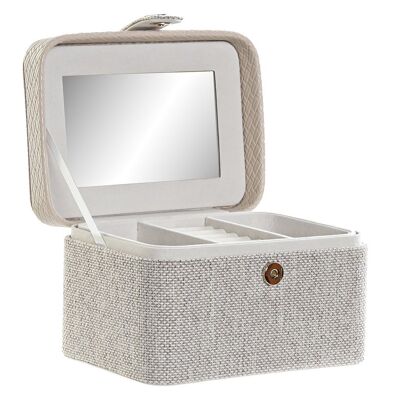 JEWELRY BOX LINEN MIRROR 17X12X10 TRAY SATIN BEIGE LD185979