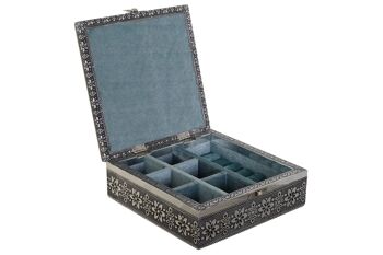 COFFRET A BIJOUX BOIS ALUMINIUM 18X18X6 ARGENT ELEPHANT JO208308 1