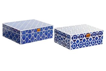 COFFRET A BIJOUX SET 2 BOIS 24X20X8 BLEU MOSAIQUE LM204379 1