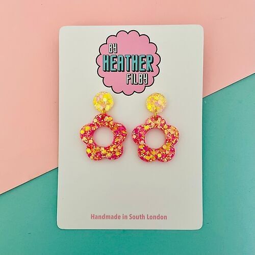 Pink and Yellow 60's Style Flower Glitter Earrings