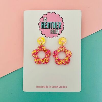 Pink and Yellow 60's Style Flower Glitter Earrings