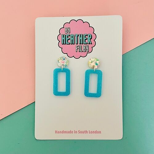 Blue Retro Rectangle Glitter Earrings