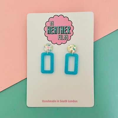 Blue Retro Rectangle Glitter Earrings