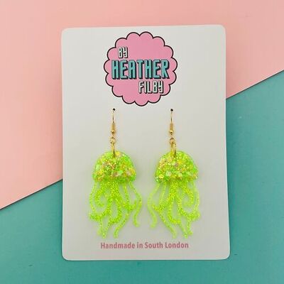 Lime Green Shimmery Jellyfish Glitter Earrings