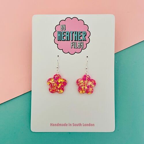 Pink and Yellow Glitter Mini Flower Earrings