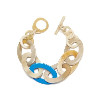 Bracelet en corne à maillons ovales naturels laqué bleu et blanc