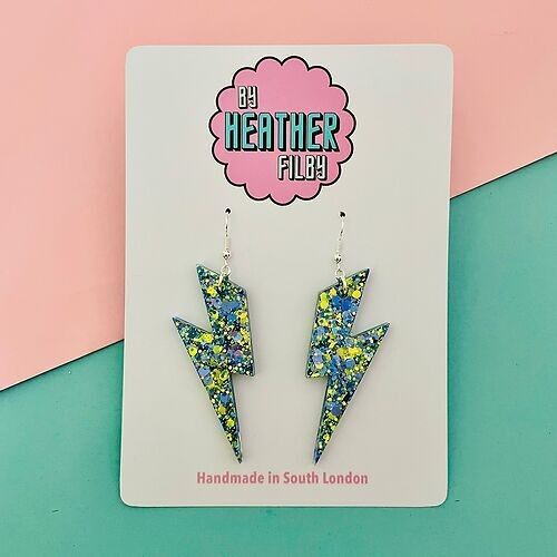 Large Green and Blue Lightning Bolt Earrings