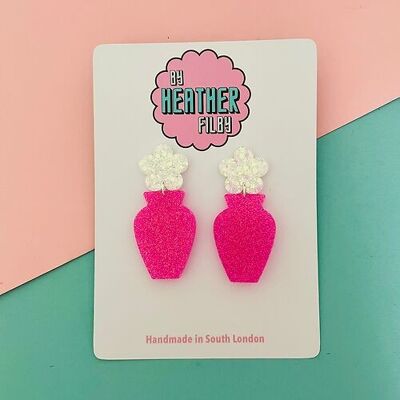 Pendientes de purpurina de jarrón de flores retro rosa