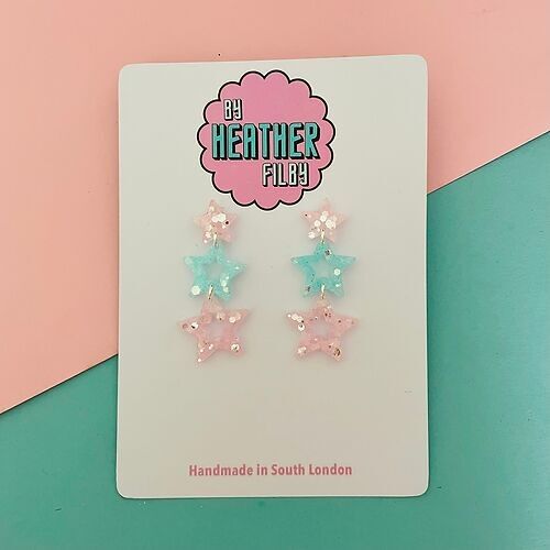 Pink and Blue Glitter Triple Star Earrings