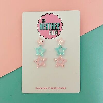Pink and Blue Glitter Triple Star Earrings