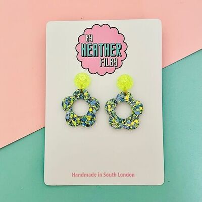 Lime Green and Blue 60's Style Flower Glitter Earrings