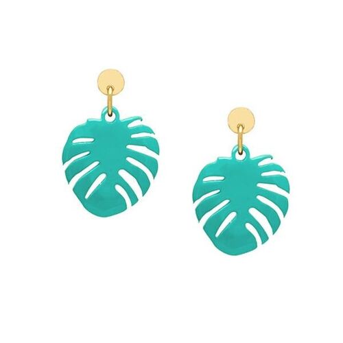 Aquamarine horn tropical leaf earring - Gold