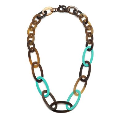 Halskette mit ovalen Gliedern aus braunem Horn und Aquamarin