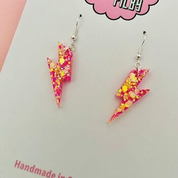 Mini boucles d'oreilles éclair à paillettes roses et jaunes 2